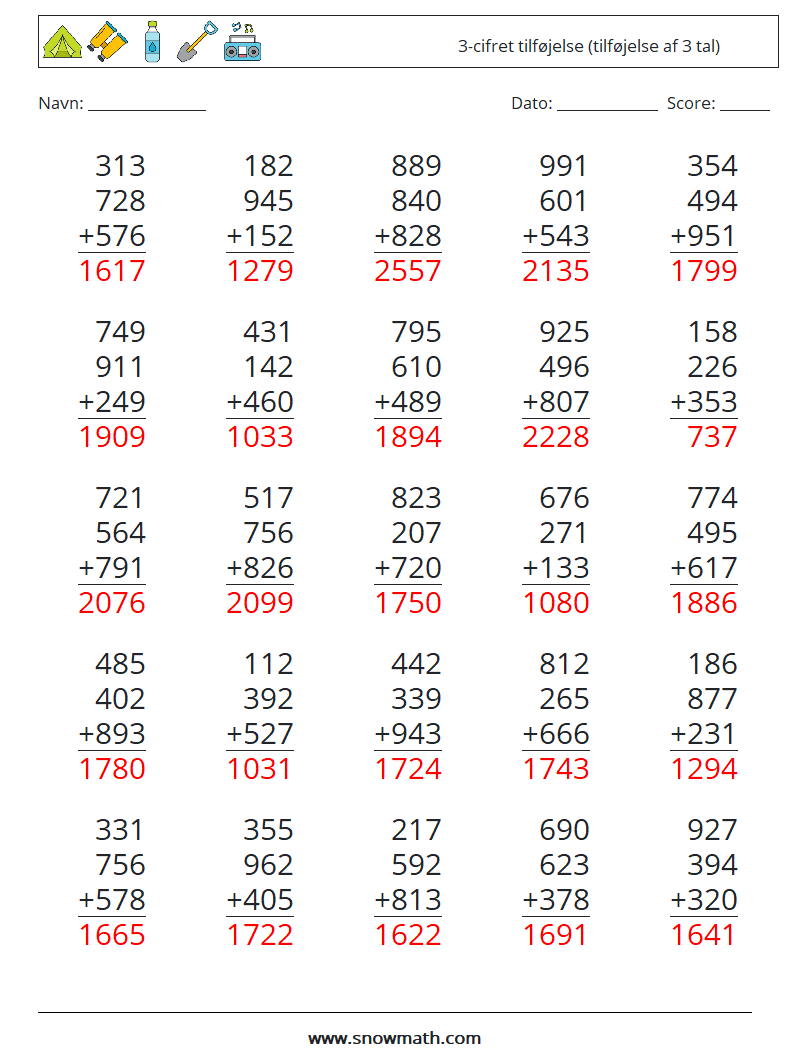 (25) 3-cifret tilføjelse (tilføjelse af 3 tal) Matematiske regneark 8 Spørgsmål, svar