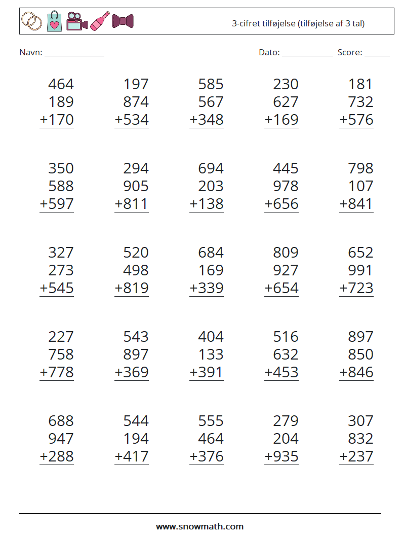 (25) 3-cifret tilføjelse (tilføjelse af 3 tal) Matematiske regneark 9