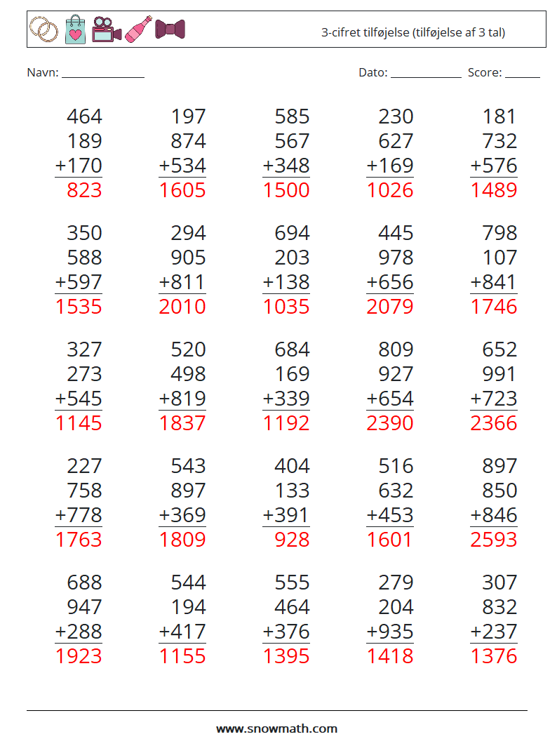 (25) 3-cifret tilføjelse (tilføjelse af 3 tal) Matematiske regneark 9 Spørgsmål, svar