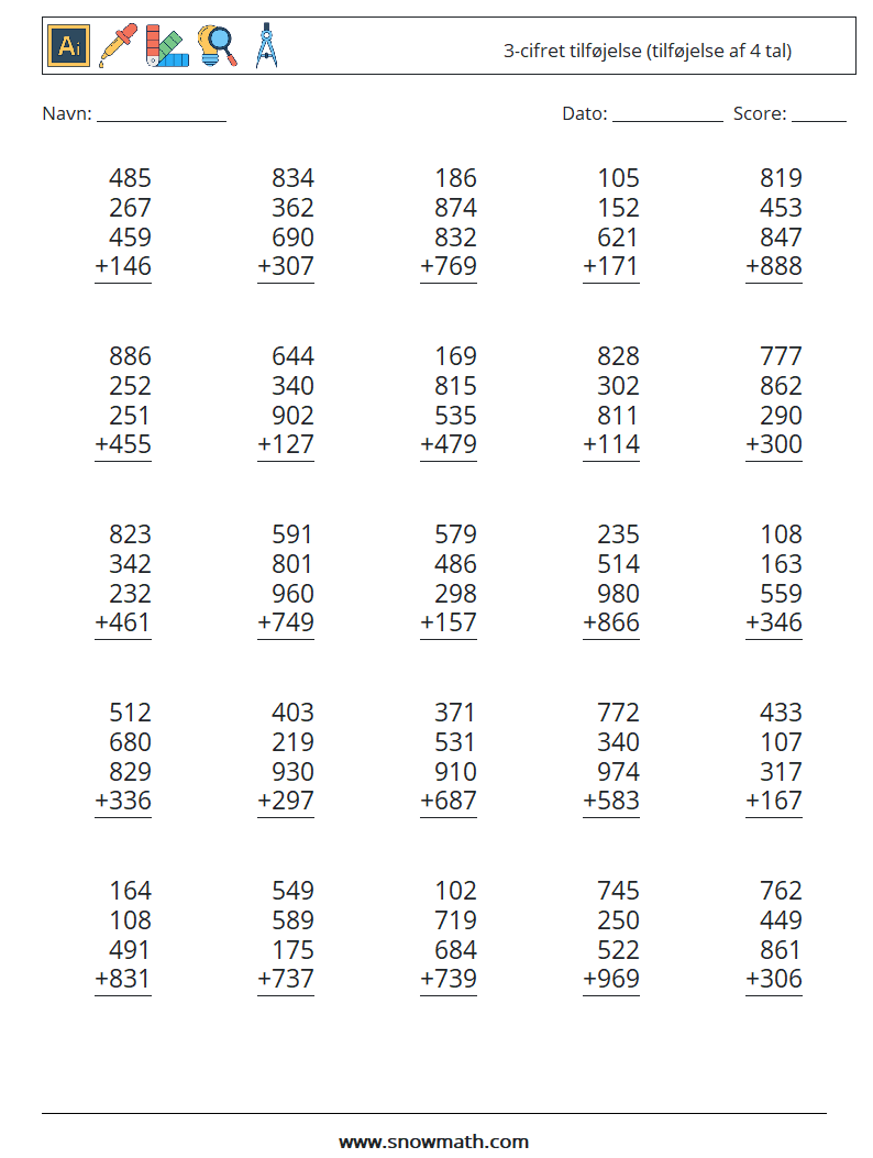 (25) 3-cifret tilføjelse (tilføjelse af 4 tal) Matematiske regneark 1