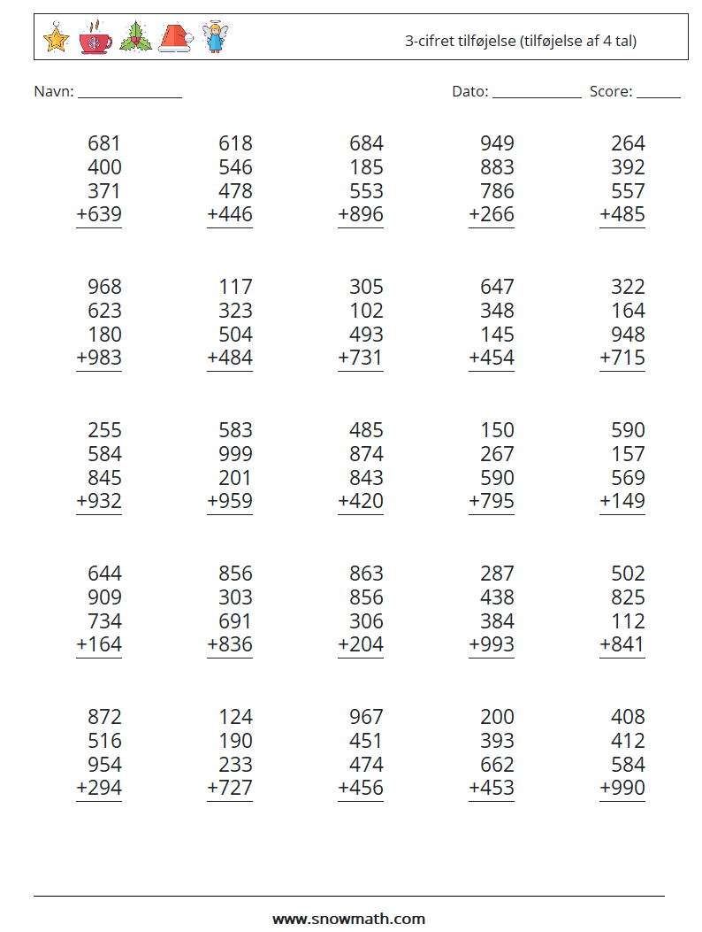 (25) 3-cifret tilføjelse (tilføjelse af 4 tal) Matematiske regneark 10