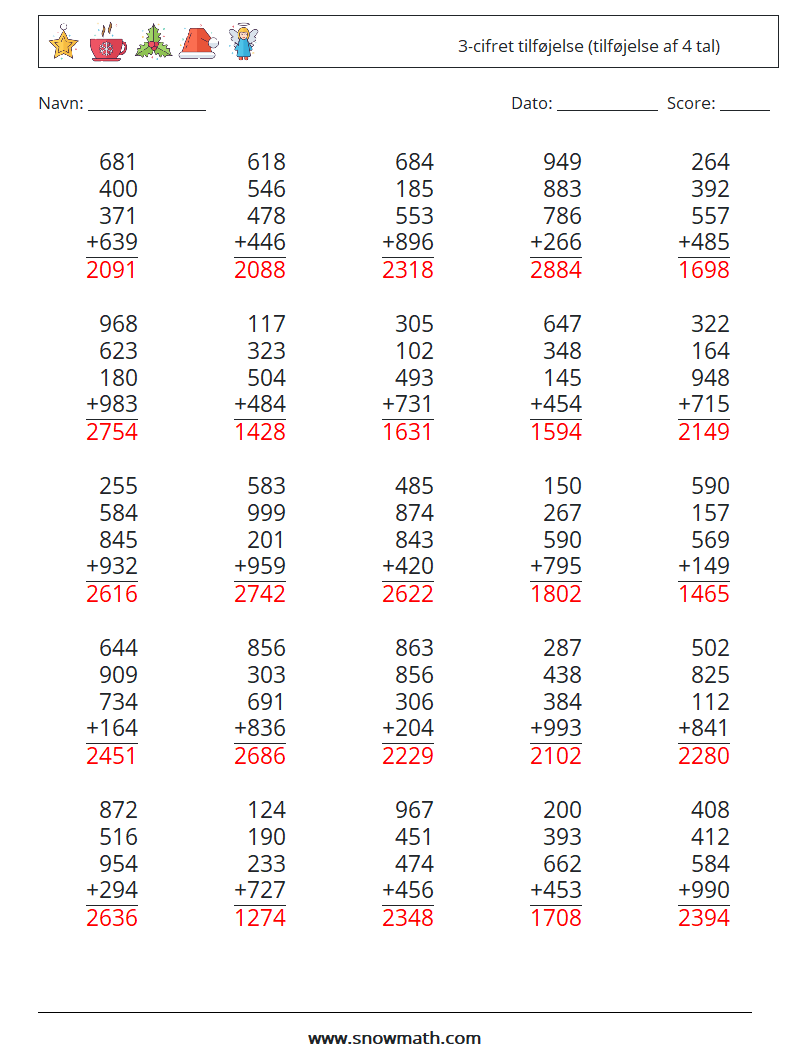 (25) 3-cifret tilføjelse (tilføjelse af 4 tal) Matematiske regneark 10 Spørgsmål, svar