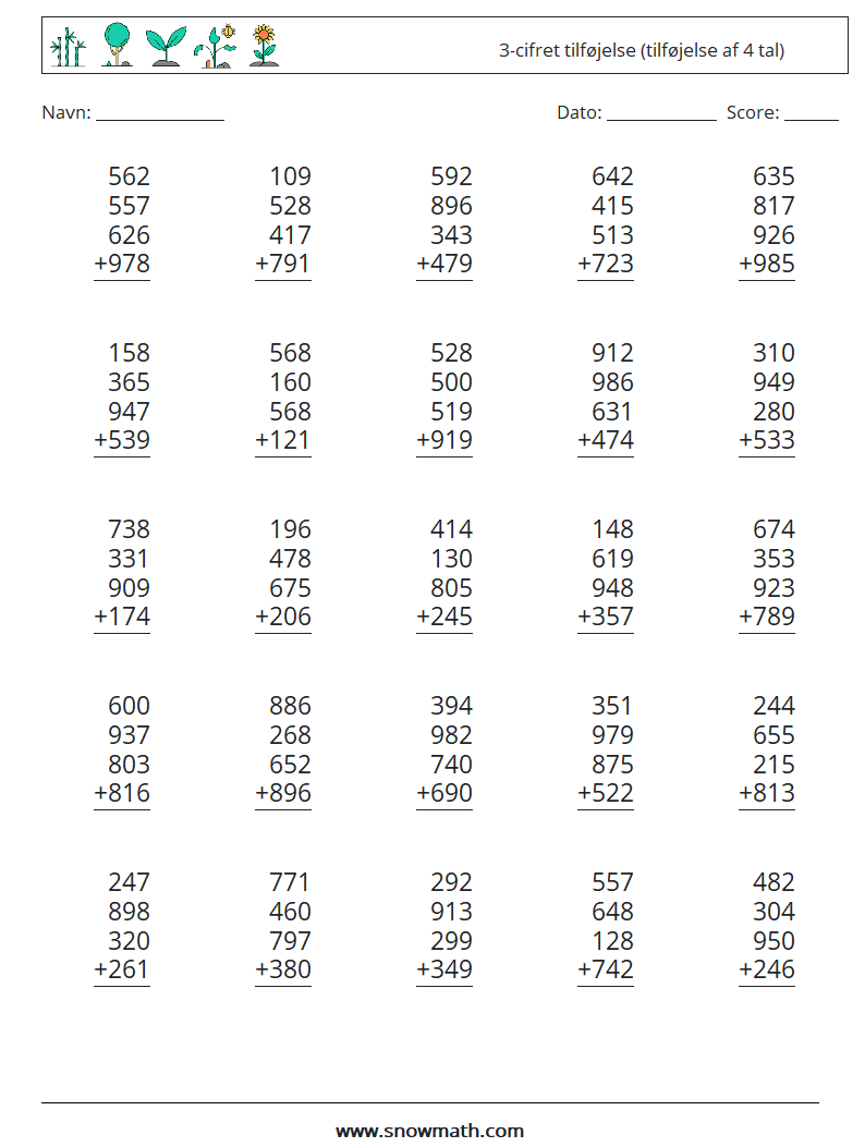 (25) 3-cifret tilføjelse (tilføjelse af 4 tal) Matematiske regneark 11