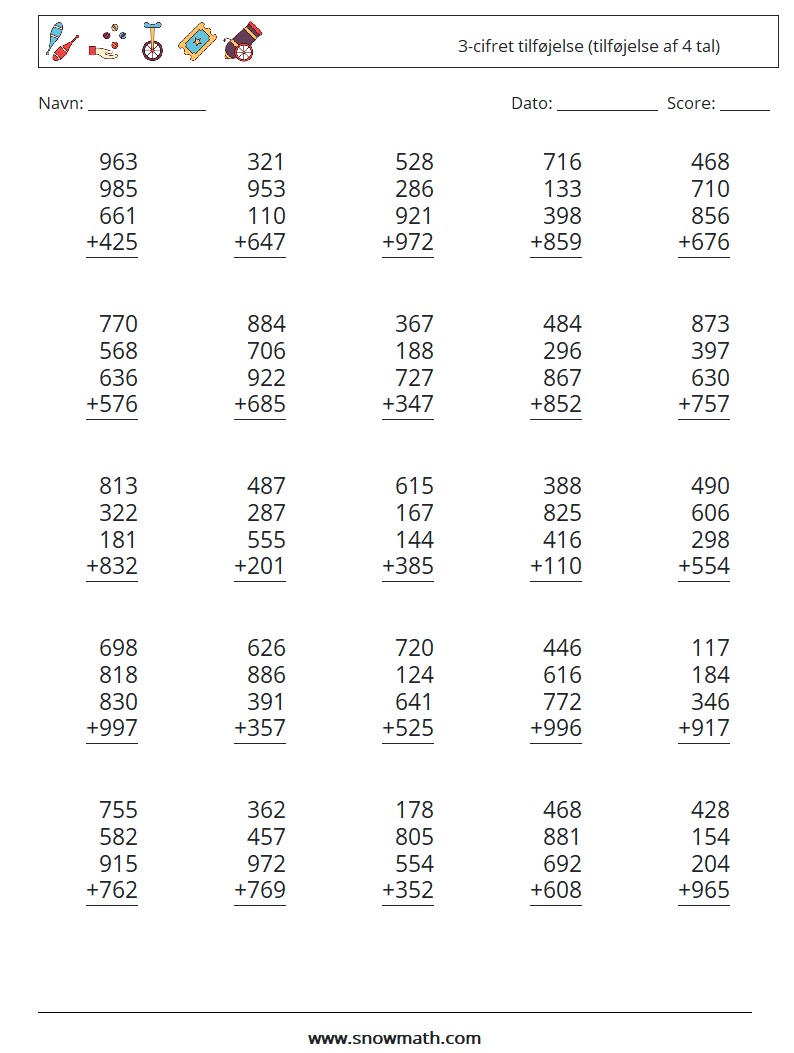 (25) 3-cifret tilføjelse (tilføjelse af 4 tal) Matematiske regneark 12