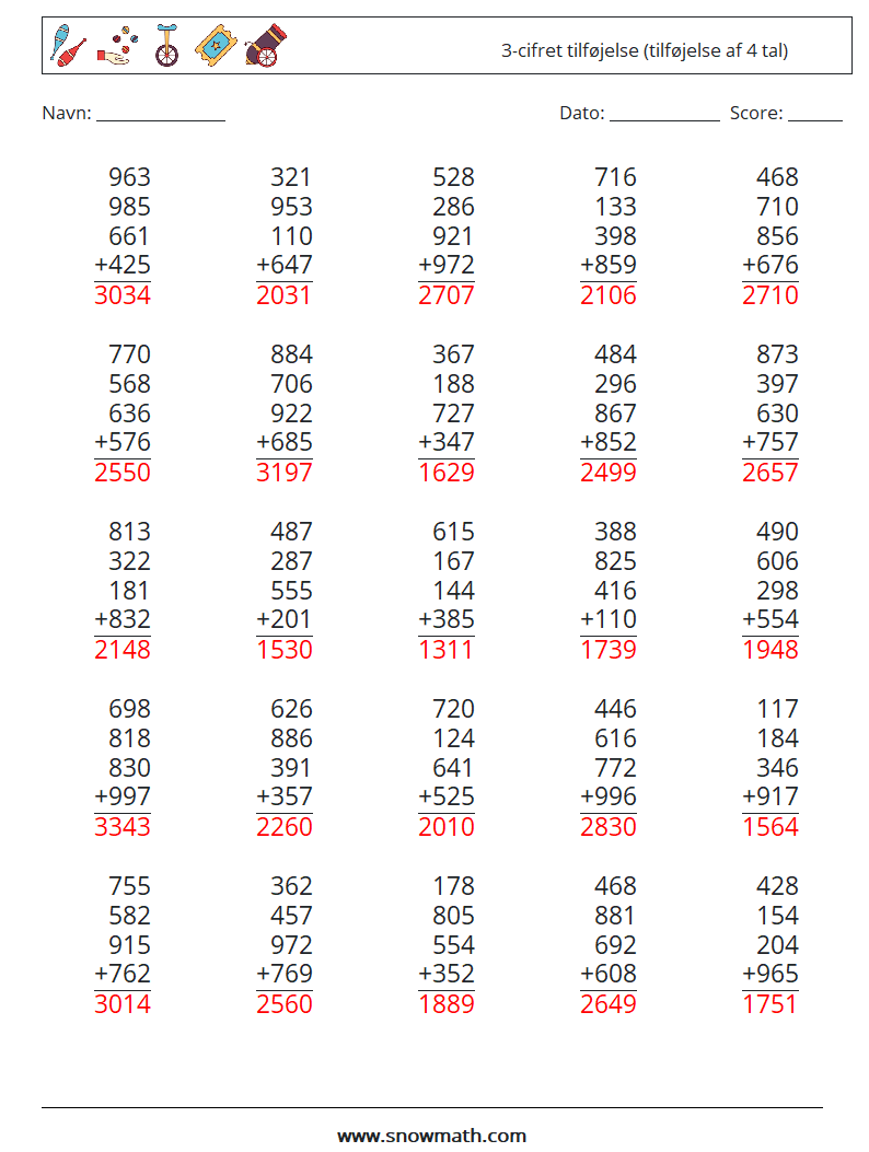 (25) 3-cifret tilføjelse (tilføjelse af 4 tal) Matematiske regneark 12 Spørgsmål, svar