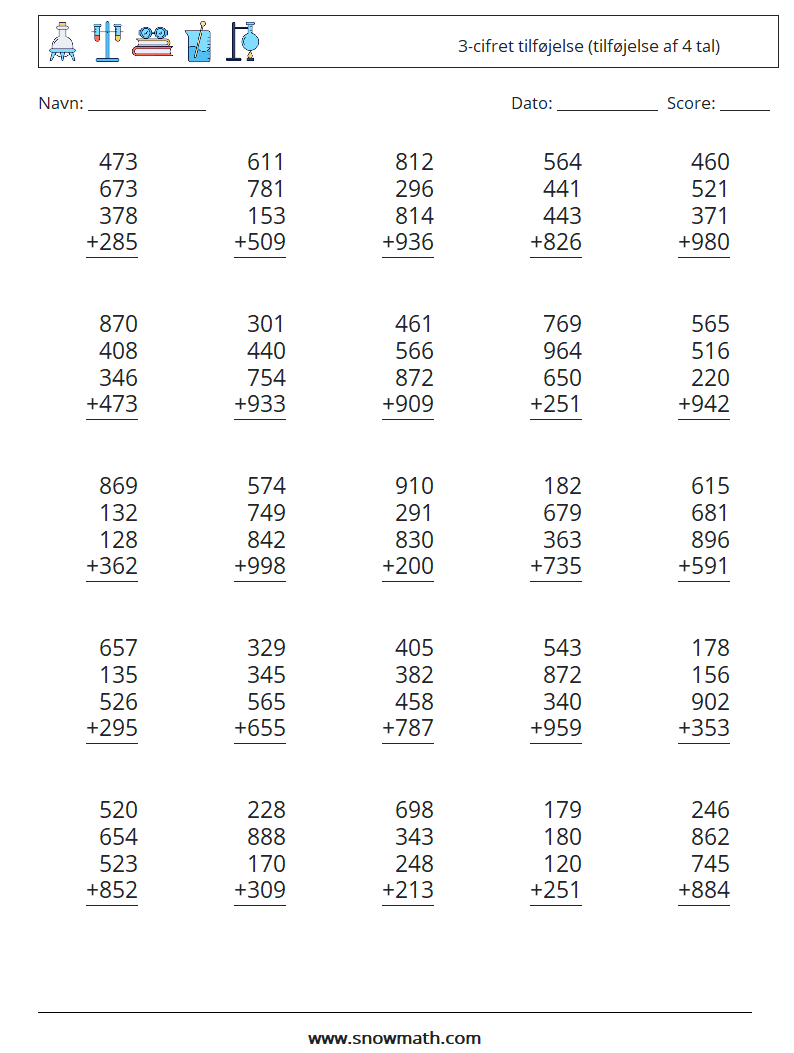 (25) 3-cifret tilføjelse (tilføjelse af 4 tal) Matematiske regneark 13