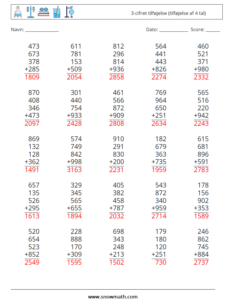 (25) 3-cifret tilføjelse (tilføjelse af 4 tal) Matematiske regneark 13 Spørgsmål, svar