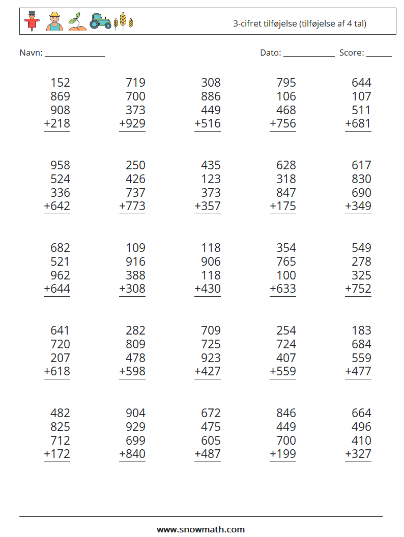 (25) 3-cifret tilføjelse (tilføjelse af 4 tal) Matematiske regneark 14