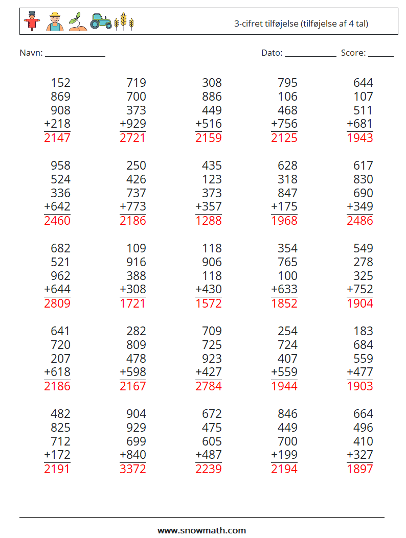 (25) 3-cifret tilføjelse (tilføjelse af 4 tal) Matematiske regneark 14 Spørgsmål, svar