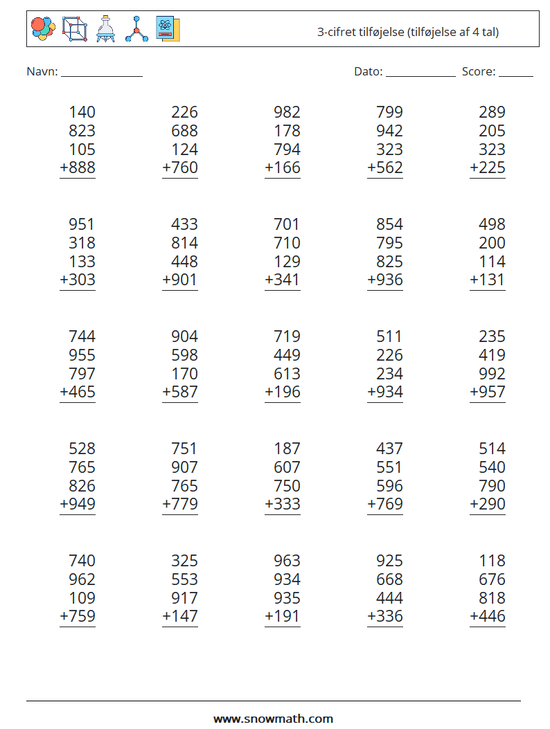 (25) 3-cifret tilføjelse (tilføjelse af 4 tal) Matematiske regneark 15