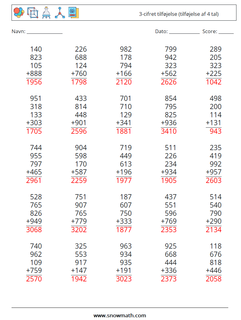 (25) 3-cifret tilføjelse (tilføjelse af 4 tal) Matematiske regneark 15 Spørgsmål, svar