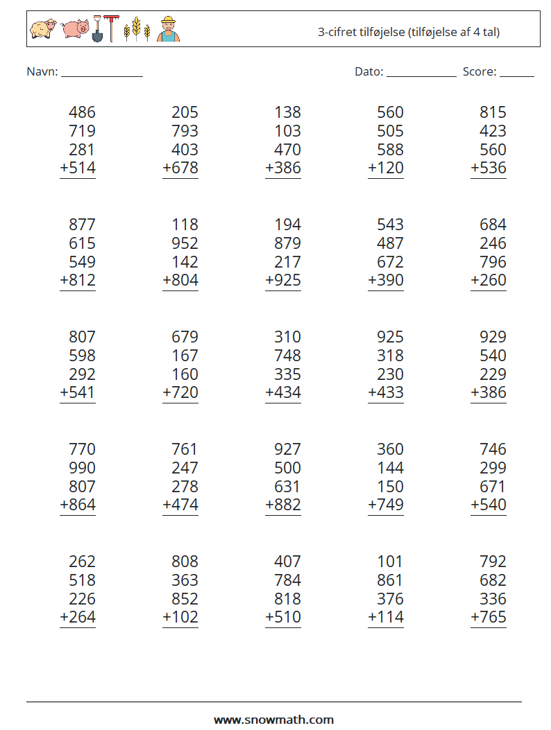 (25) 3-cifret tilføjelse (tilføjelse af 4 tal) Matematiske regneark 16