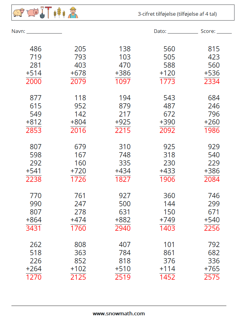 (25) 3-cifret tilføjelse (tilføjelse af 4 tal) Matematiske regneark 16 Spørgsmål, svar