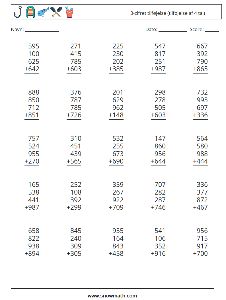 (25) 3-cifret tilføjelse (tilføjelse af 4 tal) Matematiske regneark 17