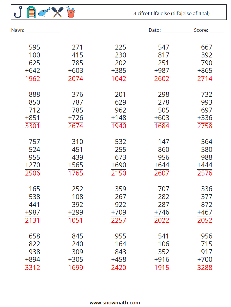 (25) 3-cifret tilføjelse (tilføjelse af 4 tal) Matematiske regneark 17 Spørgsmål, svar