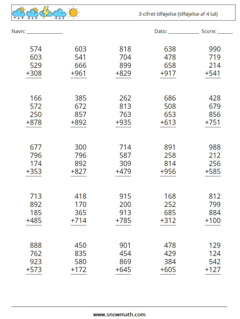 (25) 3-cifret tilføjelse (tilføjelse af 4 tal) Matematiske regneark 18