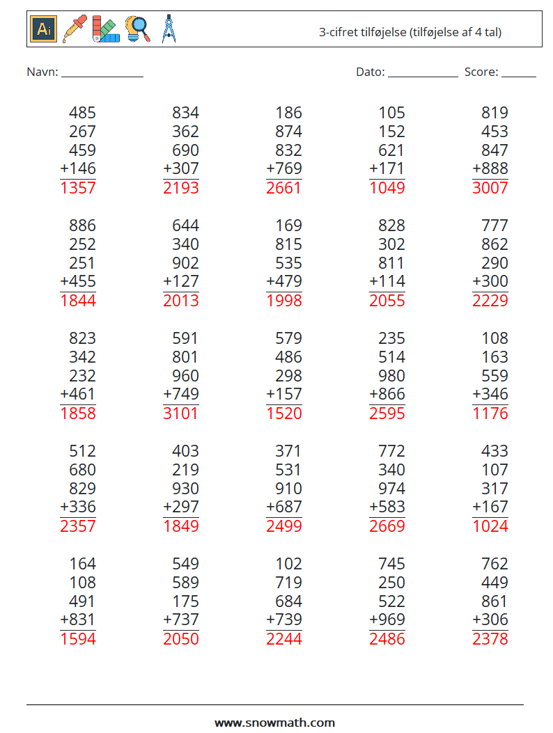 (25) 3-cifret tilføjelse (tilføjelse af 4 tal) Matematiske regneark 1 Spørgsmål, svar