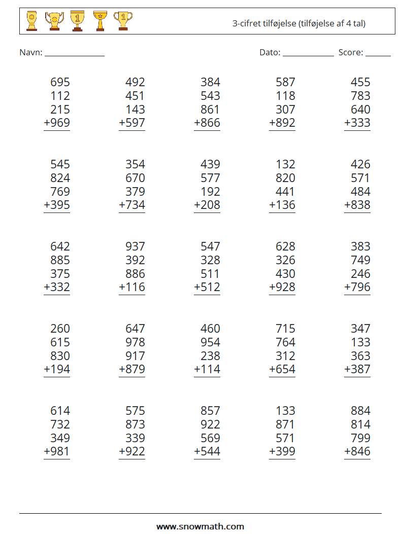 (25) 3-cifret tilføjelse (tilføjelse af 4 tal) Matematiske regneark 2