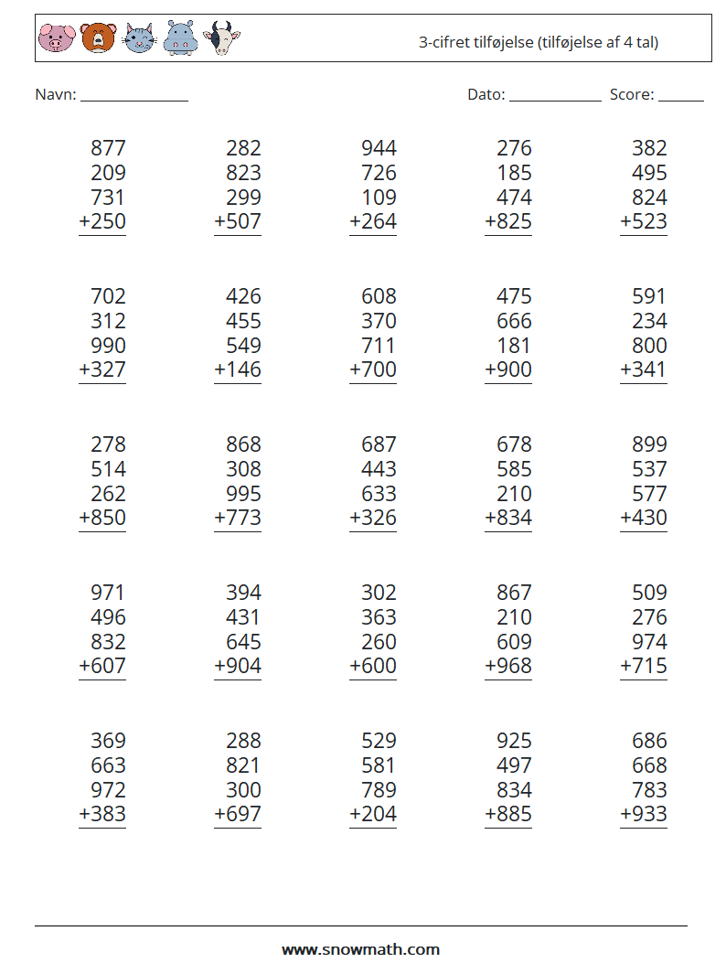 (25) 3-cifret tilføjelse (tilføjelse af 4 tal) Matematiske regneark 3