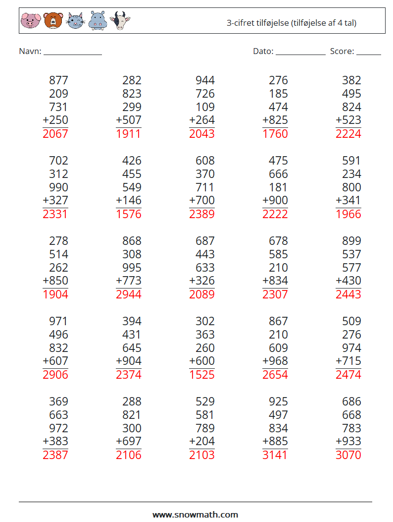 (25) 3-cifret tilføjelse (tilføjelse af 4 tal) Matematiske regneark 3 Spørgsmål, svar