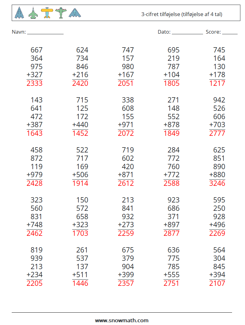 (25) 3-cifret tilføjelse (tilføjelse af 4 tal) Matematiske regneark 4 Spørgsmål, svar