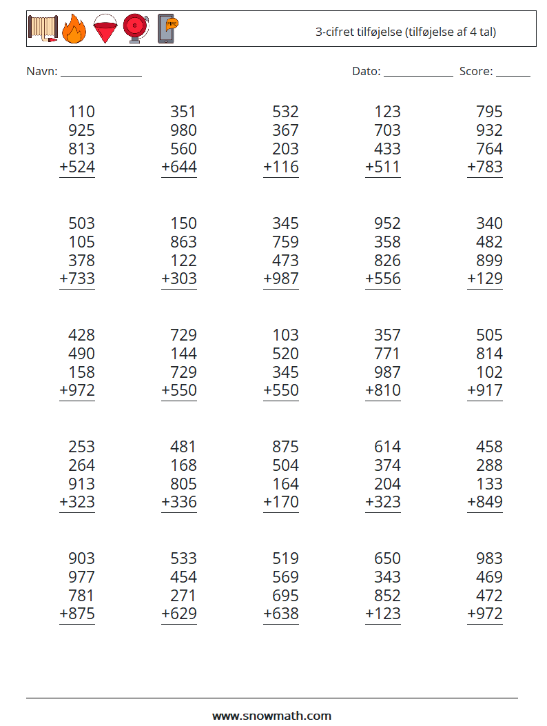 (25) 3-cifret tilføjelse (tilføjelse af 4 tal) Matematiske regneark 5