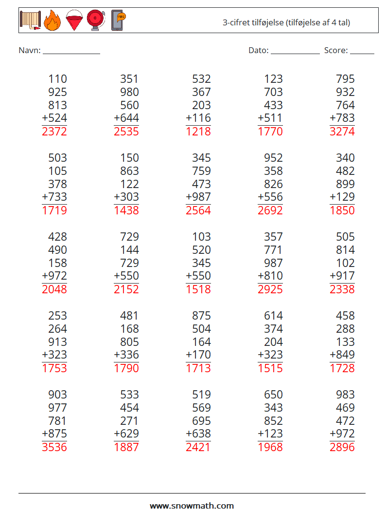 (25) 3-cifret tilføjelse (tilføjelse af 4 tal) Matematiske regneark 5 Spørgsmål, svar