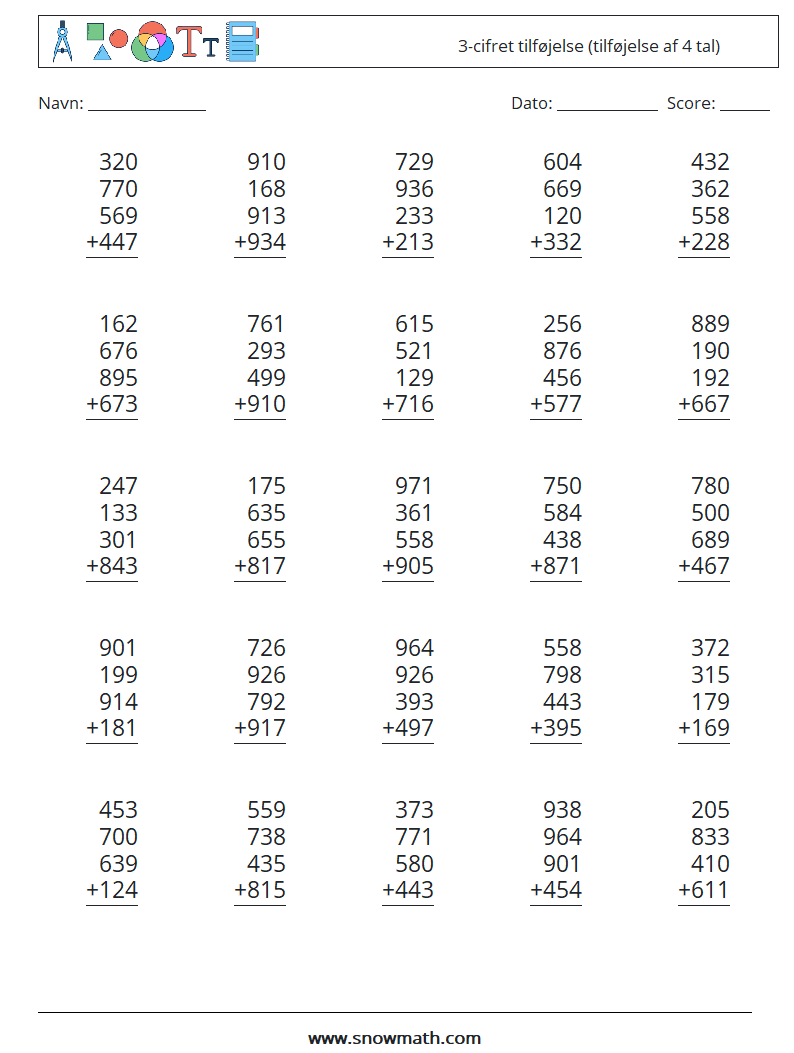 (25) 3-cifret tilføjelse (tilføjelse af 4 tal) Matematiske regneark 6