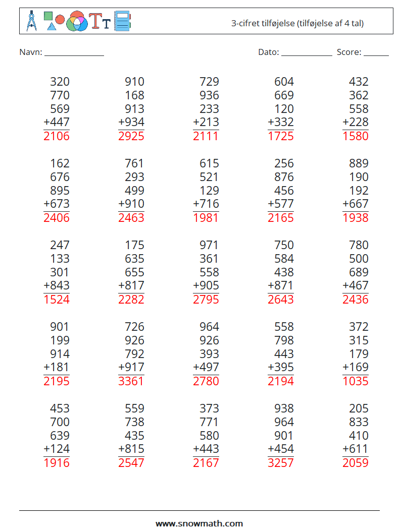 (25) 3-cifret tilføjelse (tilføjelse af 4 tal) Matematiske regneark 6 Spørgsmål, svar