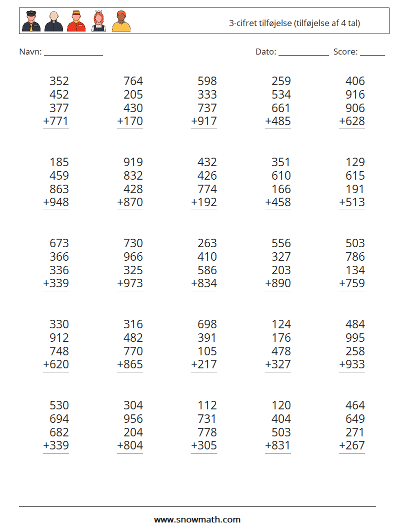 (25) 3-cifret tilføjelse (tilføjelse af 4 tal) Matematiske regneark 7