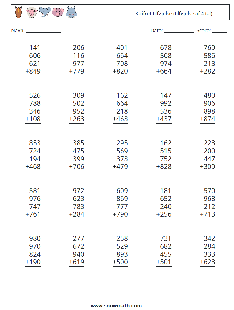 (25) 3-cifret tilføjelse (tilføjelse af 4 tal) Matematiske regneark 8