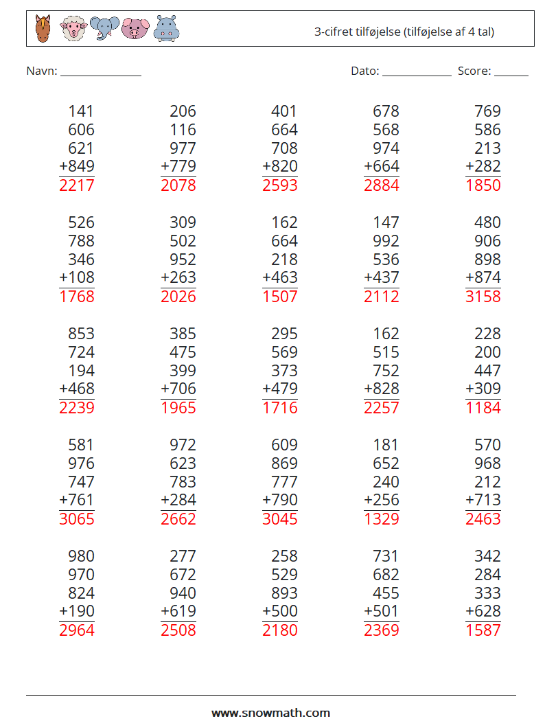 (25) 3-cifret tilføjelse (tilføjelse af 4 tal) Matematiske regneark 8 Spørgsmål, svar