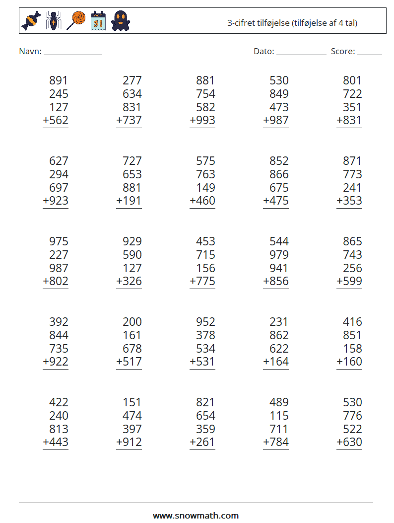 (25) 3-cifret tilføjelse (tilføjelse af 4 tal) Matematiske regneark 9