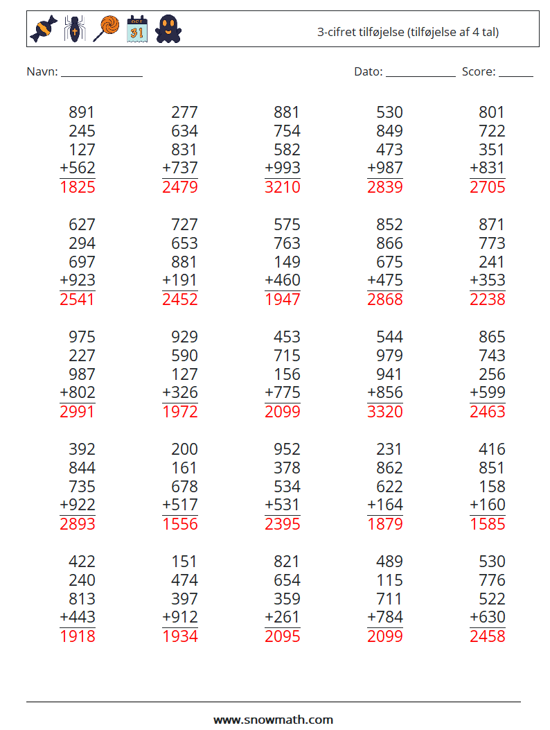 (25) 3-cifret tilføjelse (tilføjelse af 4 tal) Matematiske regneark 9 Spørgsmål, svar