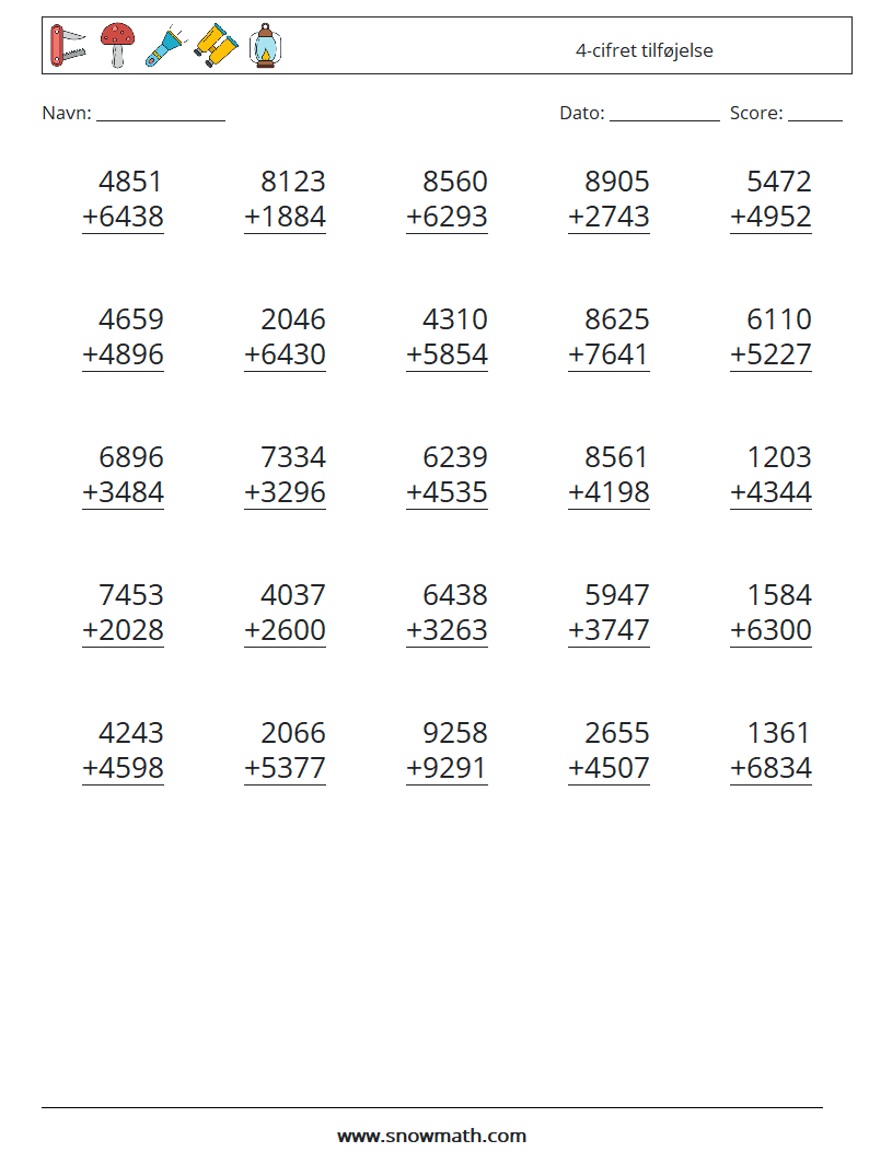 (25) 4-cifret tilføjelse Matematiske regneark 13