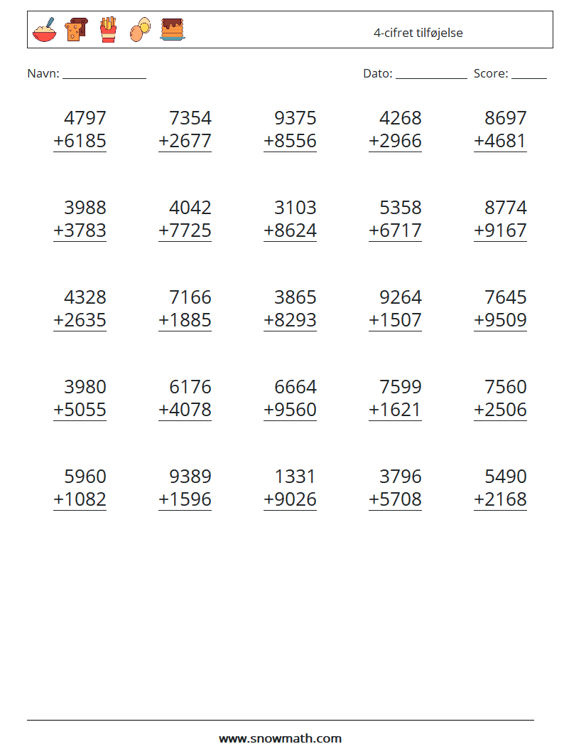 (25) 4-cifret tilføjelse Matematiske regneark 16