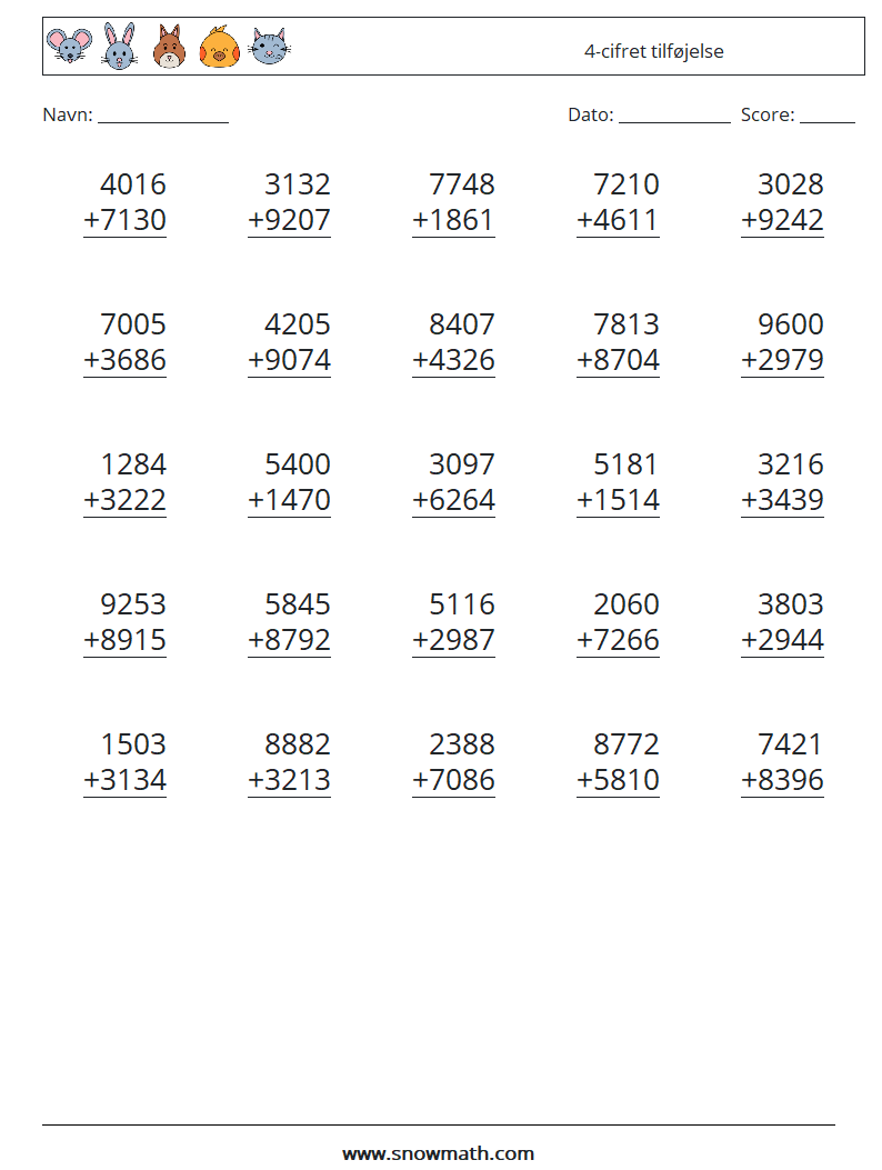 (25) 4-cifret tilføjelse Matematiske regneark 5