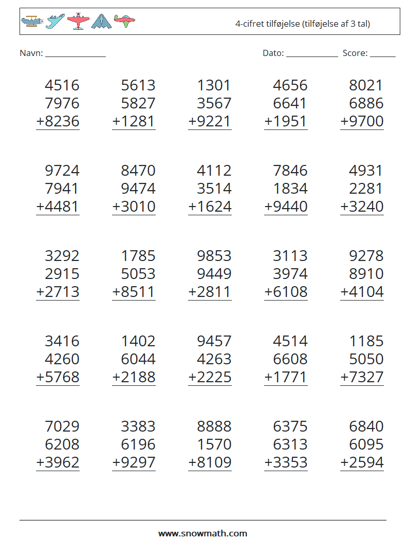 (25) 4-cifret tilføjelse (tilføjelse af 3 tal) Matematiske regneark 1