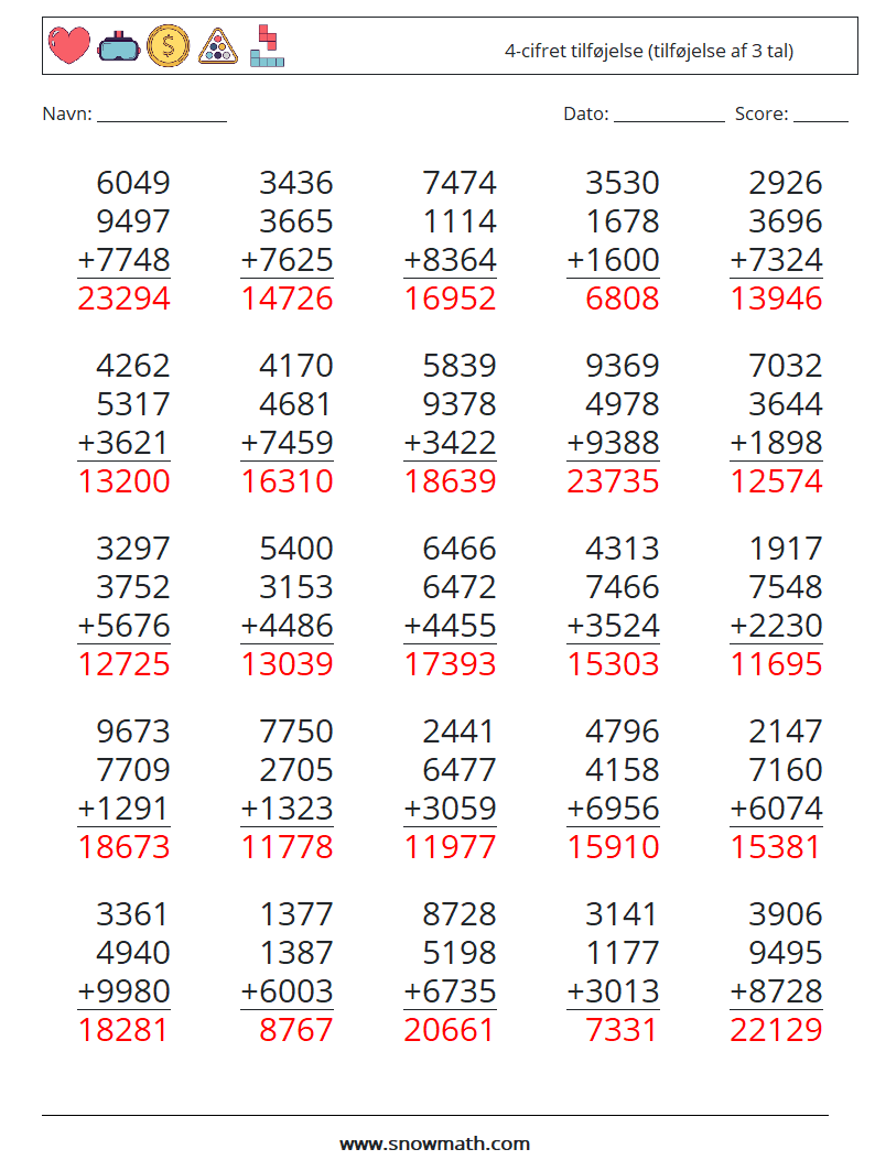 (25) 4-cifret tilføjelse (tilføjelse af 3 tal) Matematiske regneark 11 Spørgsmål, svar