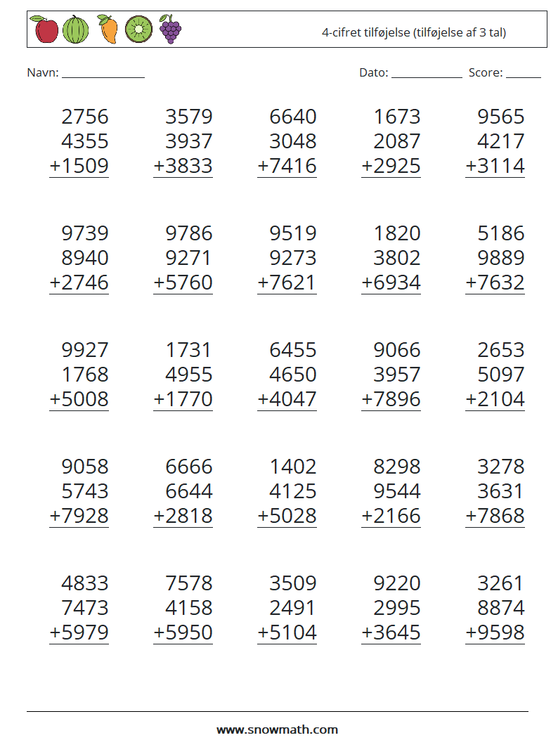 (25) 4-cifret tilføjelse (tilføjelse af 3 tal) Matematiske regneark 12