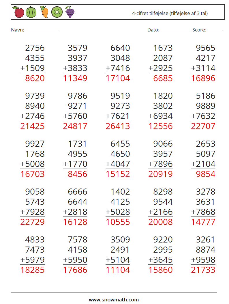 (25) 4-cifret tilføjelse (tilføjelse af 3 tal) Matematiske regneark 12 Spørgsmål, svar