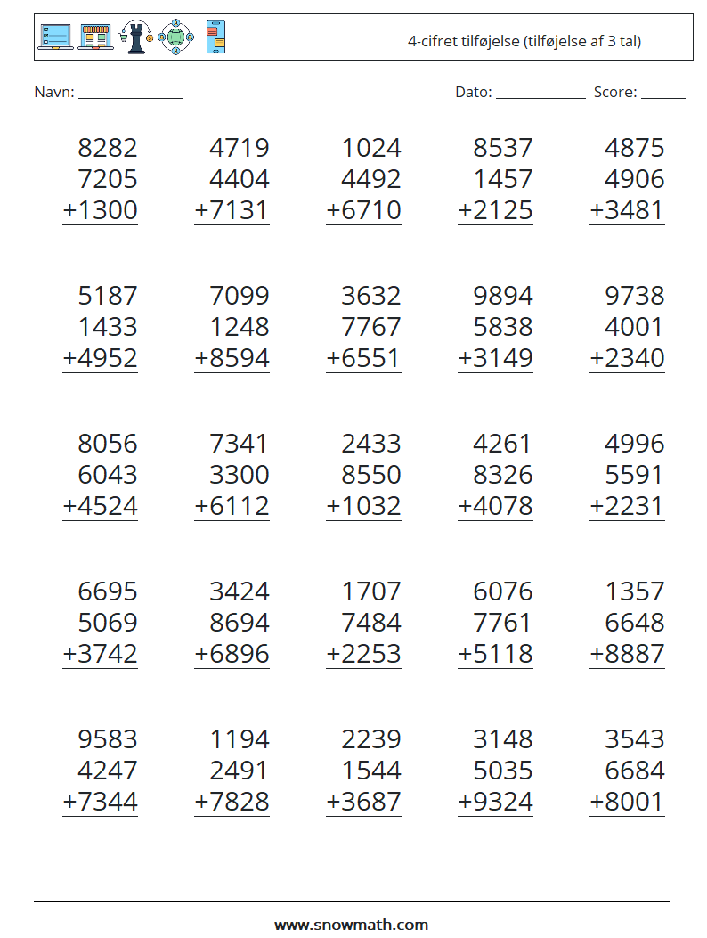 (25) 4-cifret tilføjelse (tilføjelse af 3 tal) Matematiske regneark 2