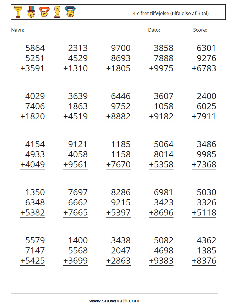 (25) 4-cifret tilføjelse (tilføjelse af 3 tal) Matematiske regneark 3