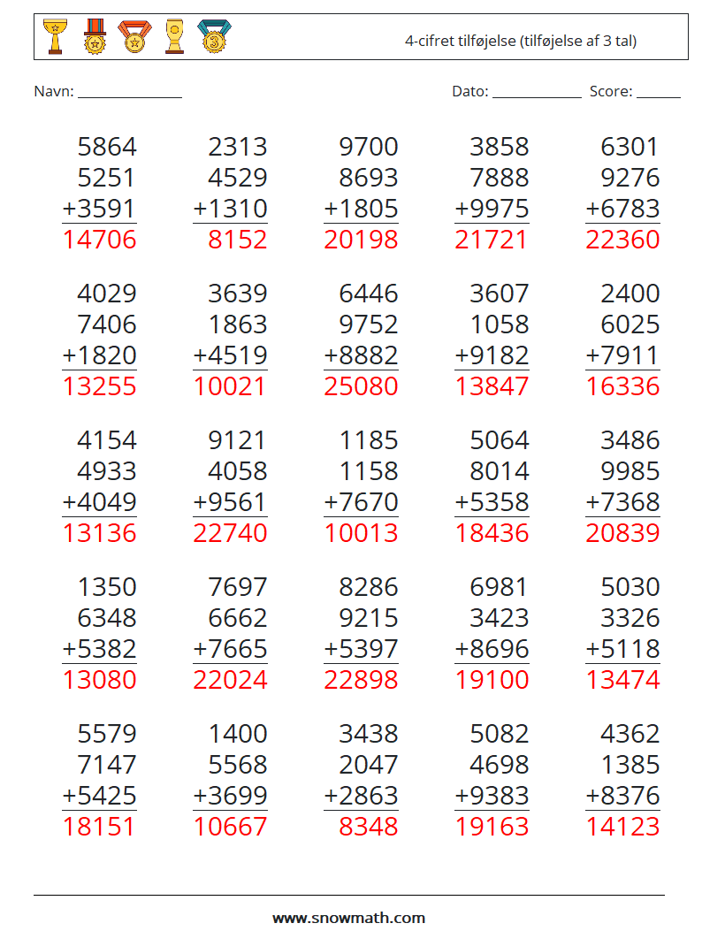 (25) 4-cifret tilføjelse (tilføjelse af 3 tal) Matematiske regneark 3 Spørgsmål, svar