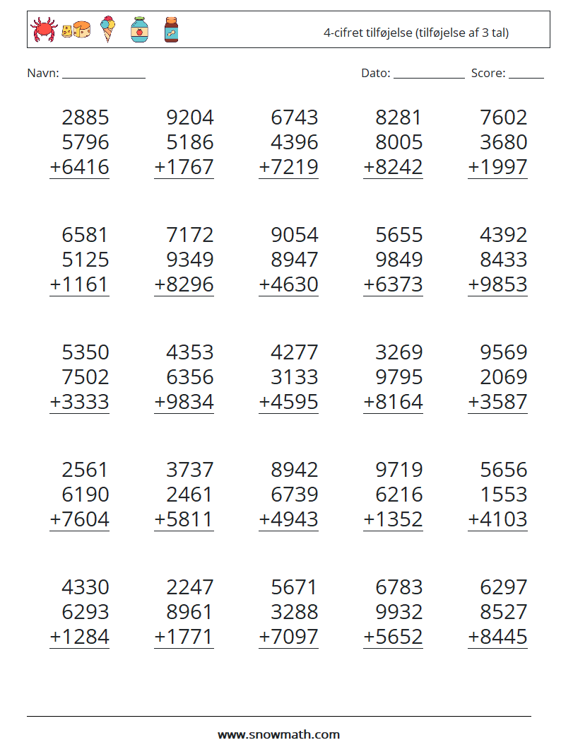 (25) 4-cifret tilføjelse (tilføjelse af 3 tal) Matematiske regneark 4