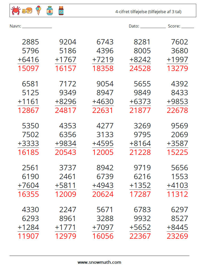 (25) 4-cifret tilføjelse (tilføjelse af 3 tal) Matematiske regneark 4 Spørgsmål, svar