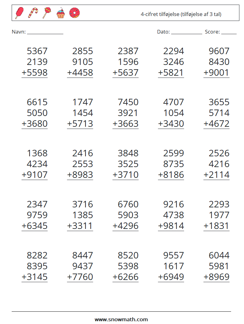 (25) 4-cifret tilføjelse (tilføjelse af 3 tal) Matematiske regneark 5