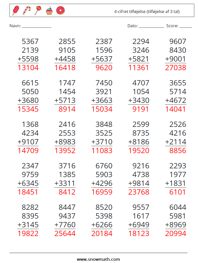 (25) 4-cifret tilføjelse (tilføjelse af 3 tal) Matematiske regneark 5 Spørgsmål, svar