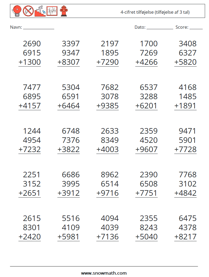 (25) 4-cifret tilføjelse (tilføjelse af 3 tal) Matematiske regneark 6