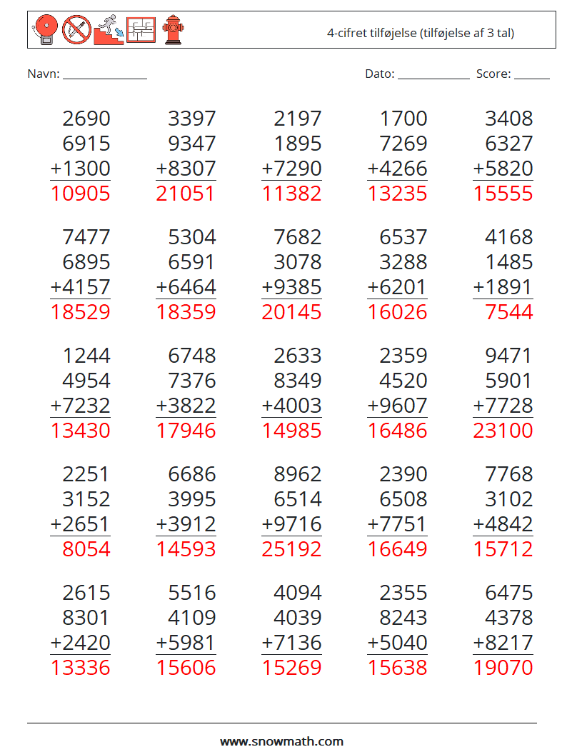 (25) 4-cifret tilføjelse (tilføjelse af 3 tal) Matematiske regneark 6 Spørgsmål, svar